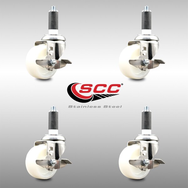 3 Inch 316SS Nylon Wheel Swivel 1 Inch Expanding Stem Caster Set Brake SCC